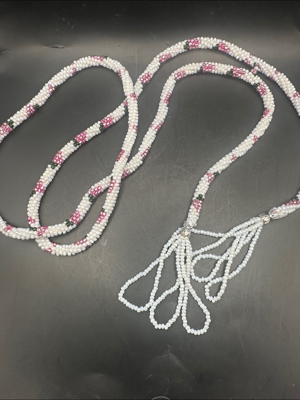 Vtg Seed Bead Woven Lariat Tassel 54" Necklace Cream  Pink Green